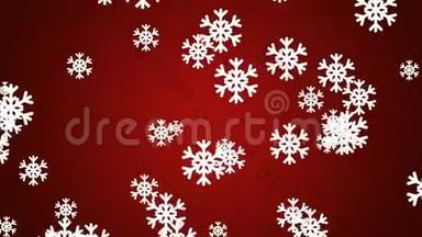 白色抽象雪花在红色渐变背景下慢慢飘落-圣诞节、冬天或新年模板，可循环使用